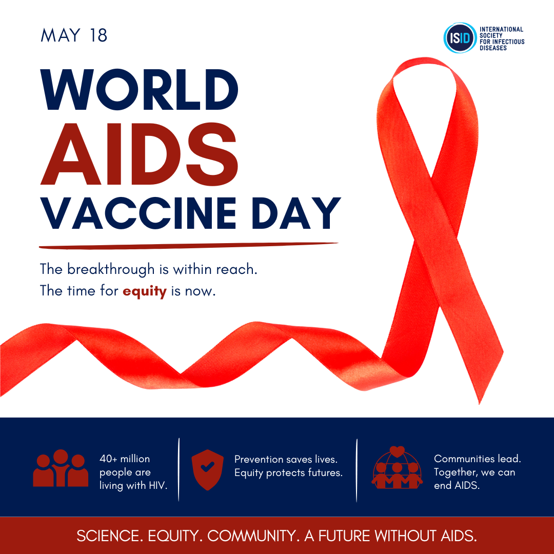 World AIDS Vaccine Day 2026 graphic featuring a red HIV awareness ribbon and messaging about equity, prevention, and ending AIDS