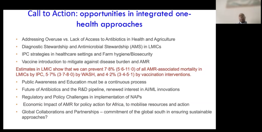 Slide 2 Presentation slide on One Health strategies to reduce animal AMR and human disease through vaccination, stewardship, and biosecurity